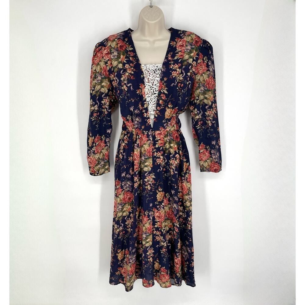 Jessica Howard VINTAGE Lace Inset Floral Midi Dress Sz 10 Navy Pink Purple Green